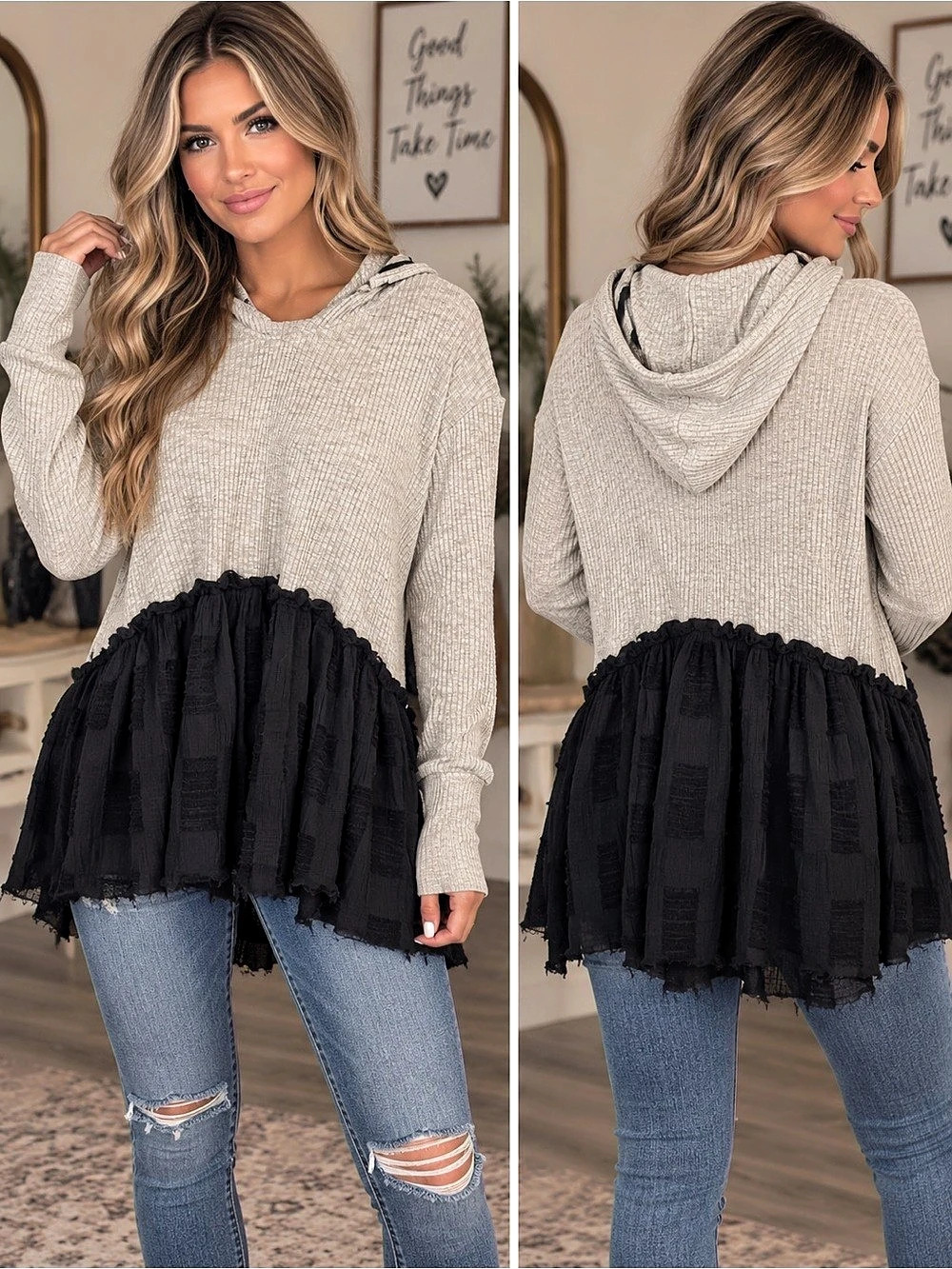 Anthropology THML Beige & Black Ruffle Tunic Size Medium
